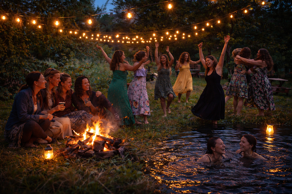 Sievietes dejo, sarunājas, peld sieviešu mini festivālā